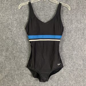 Speedo One Piece Swimsuit Black with Blue and White Stripe V-Neck Women Size S